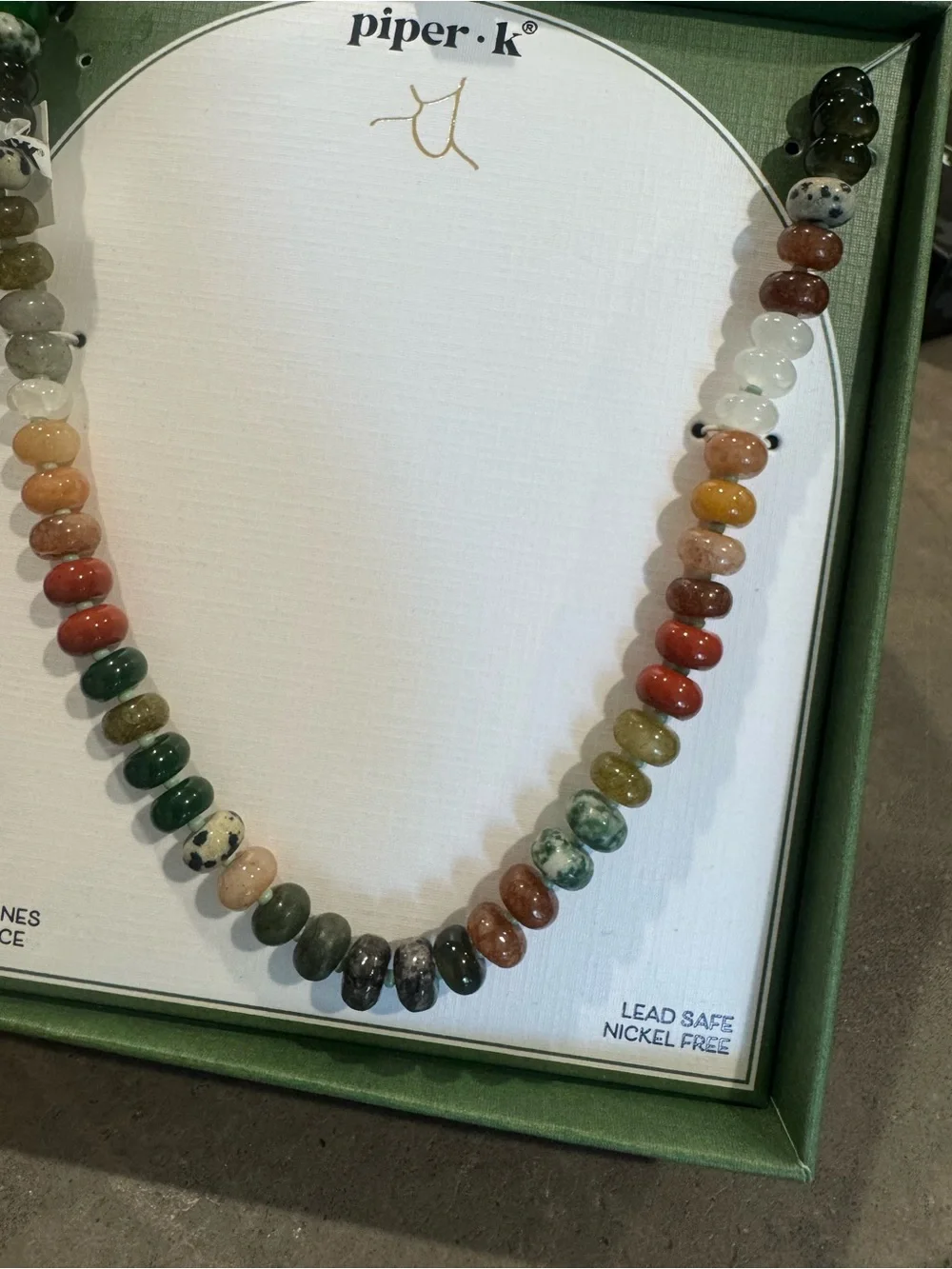 Piper K Polished Stone Bead Necklace-Green,RedCream,Brown- Beautiful for fall